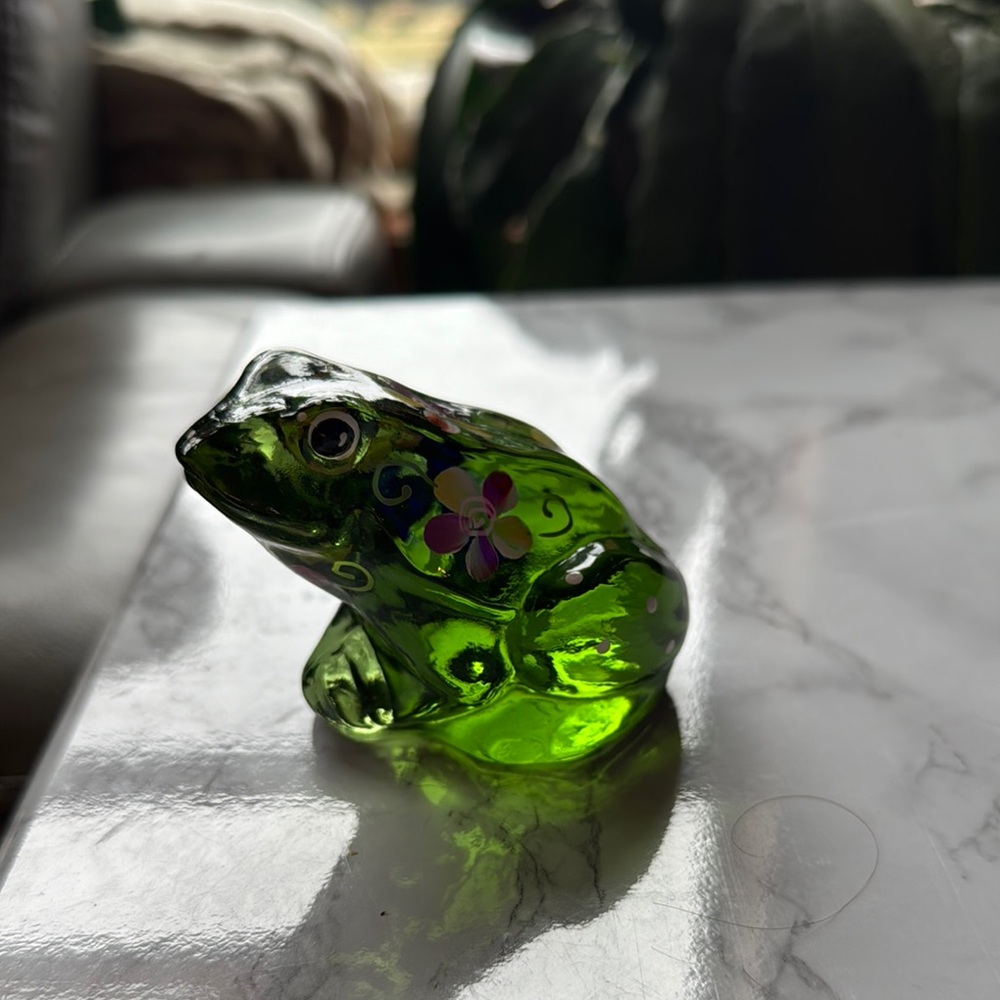 Fenton Green Glass Frog Figurine with Floral Design